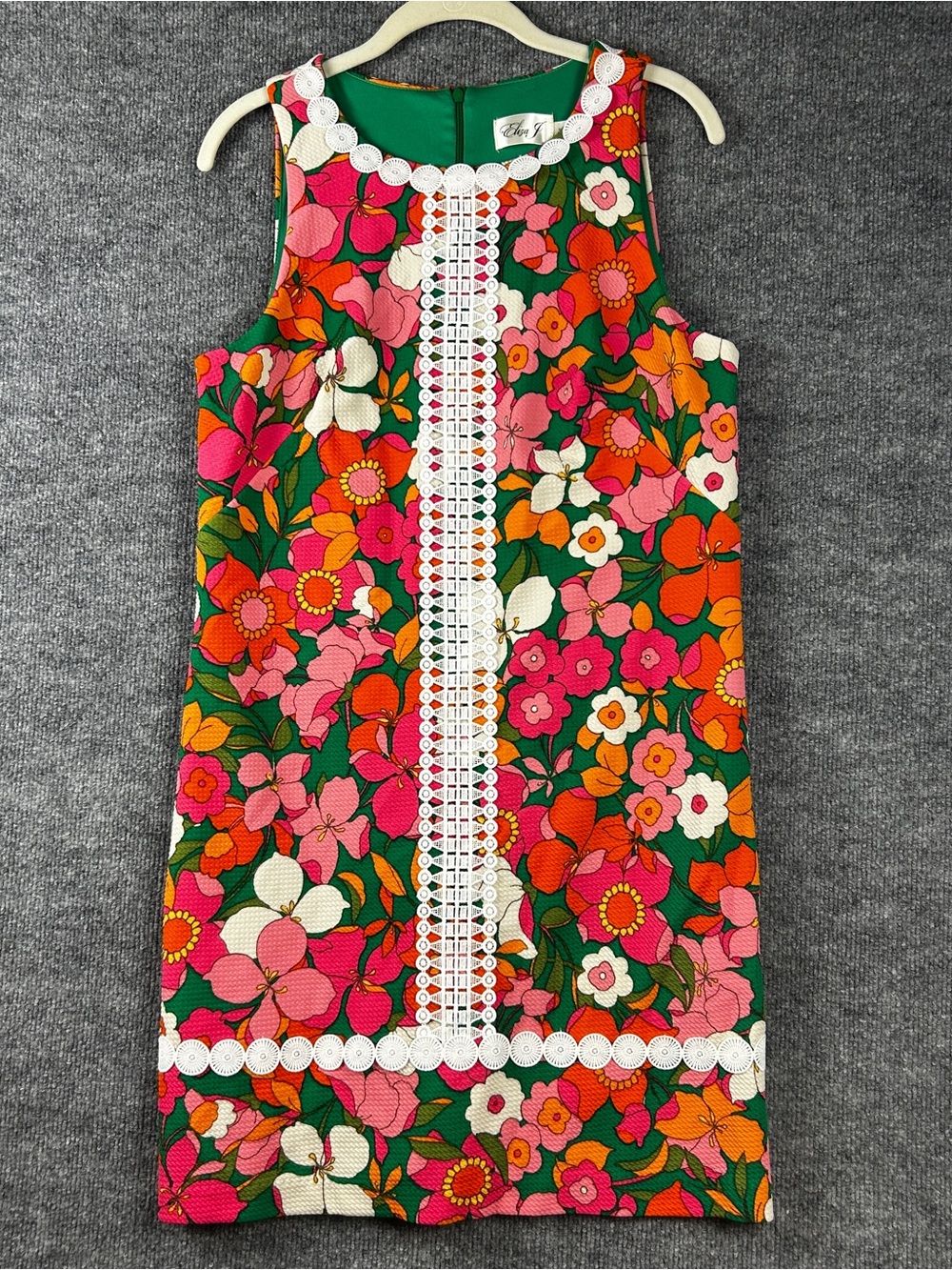 Eliza J Green Pink Retro Floral Crochet Lace Trim Shift Dress Size 10 Mod Mini